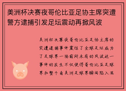 美洲杯决赛夜哥伦比亚足协主席突遭警方逮捕引发足坛震动再掀风波